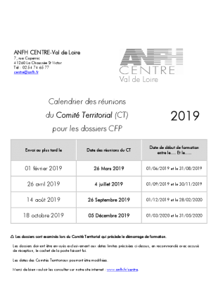 Calendrier des Commissions CFP du Comité Territorial