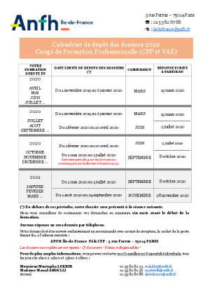 CALENDRIER DE DÉPÔT DES DOSSIERS 2020