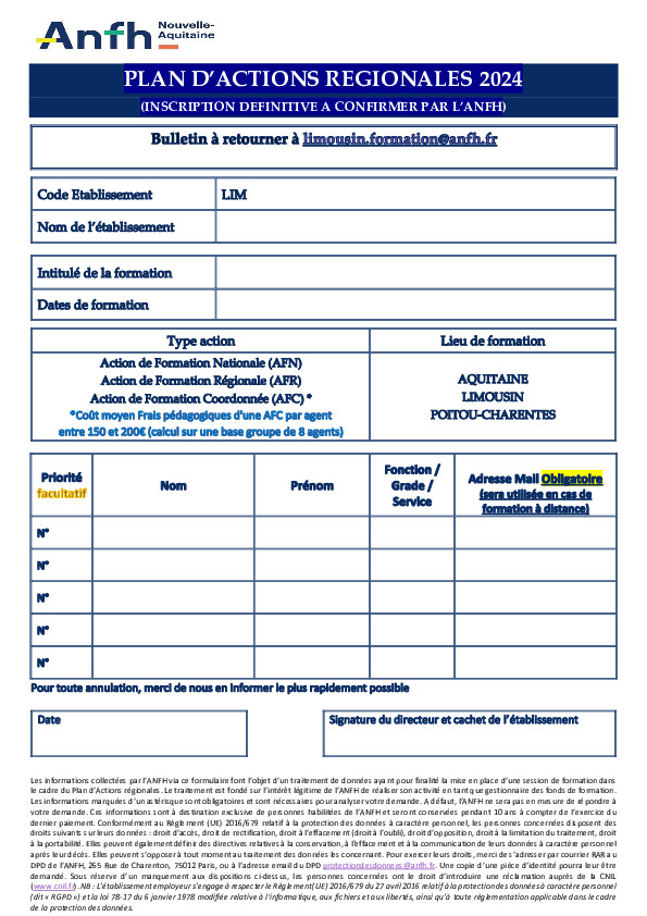 Bulletin D'inscription 2024 | ANFH