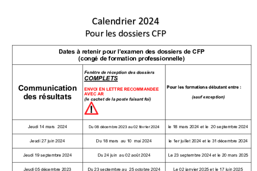 CALENDRIER 2024 POUR LES DOSSIERS CFP
